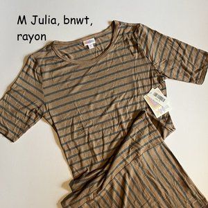 Medium Lularoe Julia sheath dress, brown and grey stripes, rayon, dipped